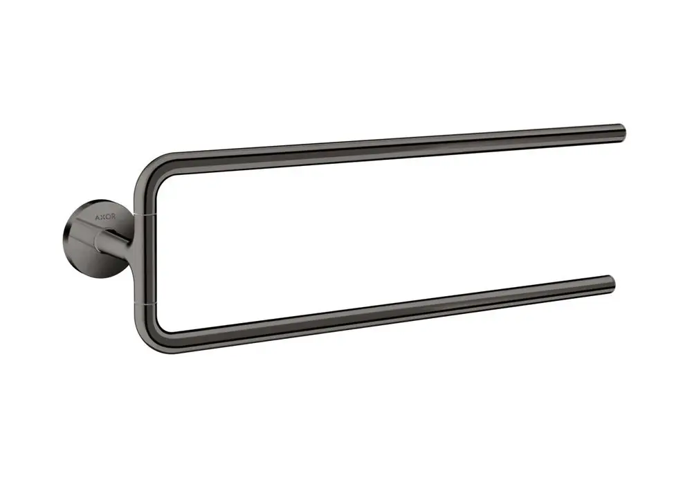 Handtuchhalter mit zwei Armen in Polished Black Chrome, montiert an einer Wand. Das Design ist modern und schlicht, mit der Marke AXOR sichtbar auf der Halterung.
